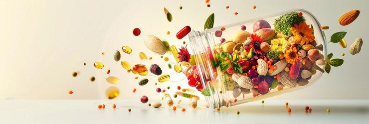 photo vibrant health foods vitamins spilling from large capsule onto light surface 1252624 36378